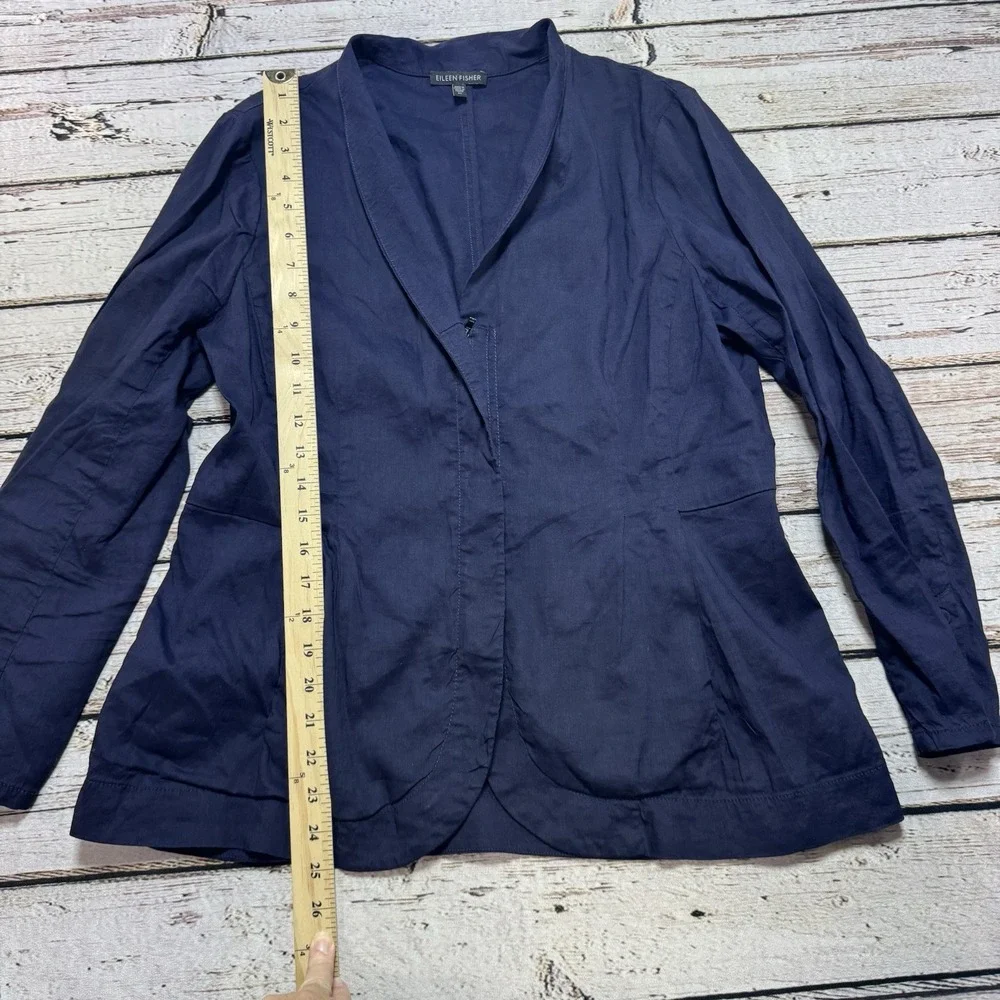 EILEEN FISHER Jacket Blazer Linen Viscose Blend Stretch Zip Up Navy Blue M